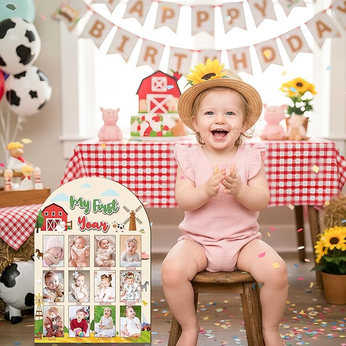R HORSE My First Year Photo Display Wood Board - Baby’s First Year Picture Frame, 12 Months Milestone Board, 3D Farm Themed Neutral Baby Keepsake Gift One Year Old Birthday Nursery Decor for Girl Boy