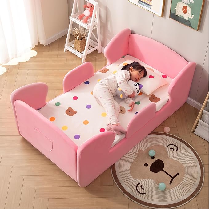 Toddler Floor Bed Frame with Removable Safety Rails and Storage Bag, Kids Bed for Girl and Boys, Standard Crib Size Portable Beds, Safety Upholstered Child Beds, Low to Floor Design