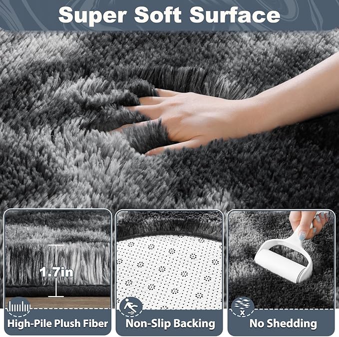 EVOIONOS Tie-Dyed Dark Grey Round Rug for Bedroom, 4x4 Ft Fluffy Soft Circle Area Rugs for Living Room, Plush Shaggy Circular Carpet for Indoor Floor Bedside Kids Nursery, Home Decor Aesthetic