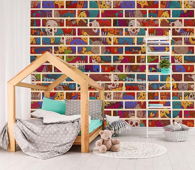 XMPMBM-Graffiti Wall Tile Cartoon Nursery Room Fabric Wallpaper Hand-Painted Kids Gaming Room Wall Mural-W 132" X H 92"（93 Square Foot）