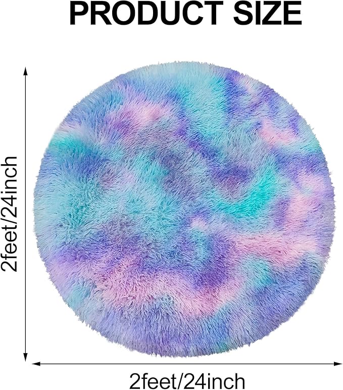 2x2 ft Small Fluffy Round Rug for Girls Bedroom,Soft Shaggy Kids Purple Rainbow Rugs Kawaii Colorful Carpet Fuzzy for Room Kids Bedroom Girls Dresser Playroom Nursery Storage Cabinet Decor