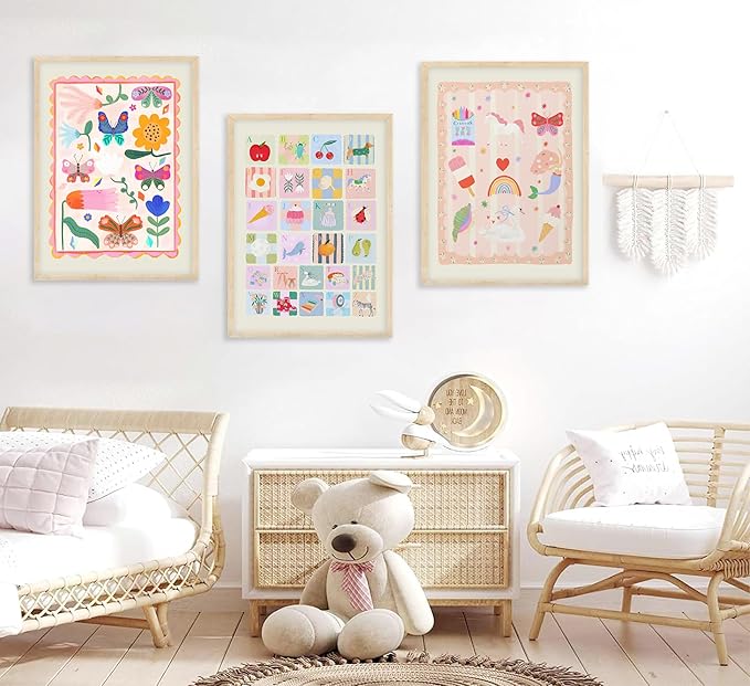 Colourful Nursery Canvas Wall Art ABC Nursery Wall Decor Pink Butterflies and Flowers Painting Picture Pastel Girl Kid Rainbow Poster Print for little Girl's Bedroom Kids Room Babys Playroom, Unframed