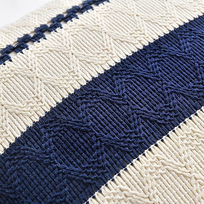 Fancy Homi Set of 2 Navy Blue Lumbar Decorative Throw Pillow Covers 12x20 Inch for Couch Bed Sofa Living Room, Aesthetic Modern Organic Farmhouse Home Decor, Soft Cotton Woven Textured Cushion Case