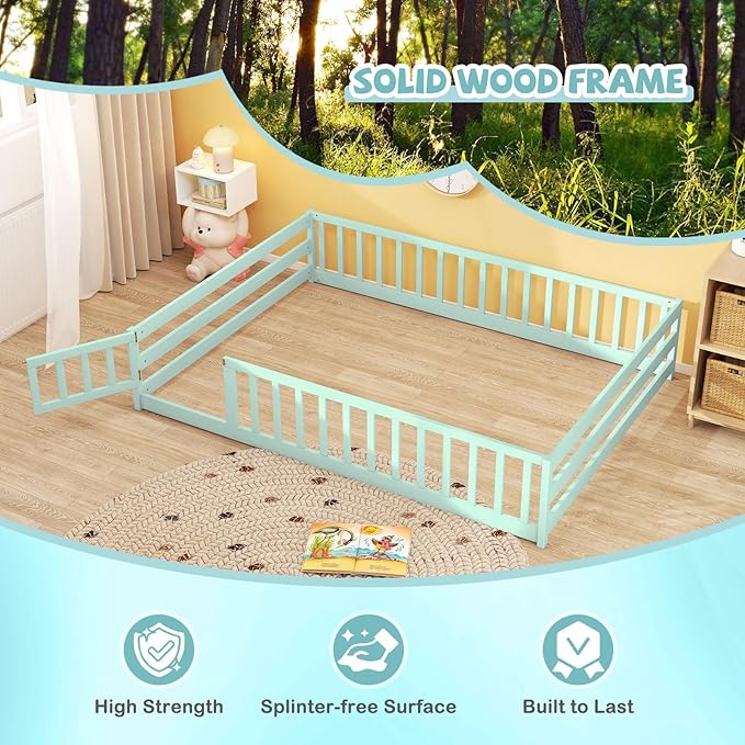 Giantex Full Floor Bed with Door & Fence, Kids Wood Montessori Beds with Safety Guardrails, Floor Bed Twin for Kids, Boys, Girls, No Box Spring Needed, Mint Sky