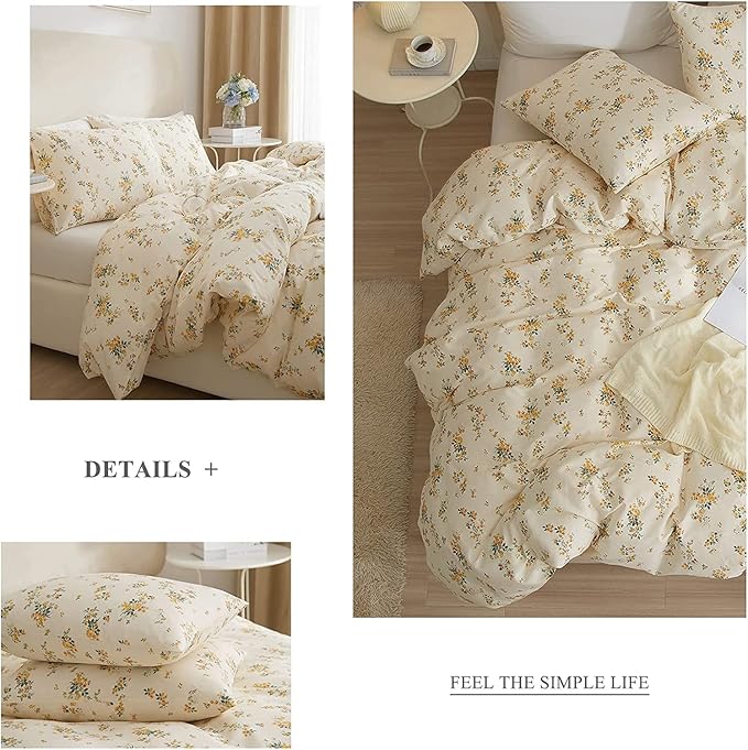 HighBuy 3 Pieces Duvet Cover Full Size White Duvet Cover with Green Floral Print,Soft Cotton Comforter Cover Boho Style,Aesthetic Full Bedding Set with Zipper Closure 4 Ties,All Season