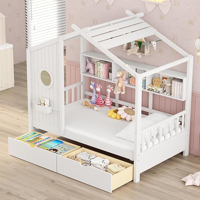 Twin Size House Bed with Storage Drawers,Kids House Bed Frame with Shelves,Cute Wood House Bed Twin with Roof for Kids,Girls,Boys,White