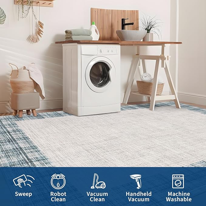 COZYLOOM Living Room Area Rug 8x10 Machine Washable Carpet Abstract Rug Low Pile Home Decor Carpet for Bedroom, Dining Room, Family Room, Nursery, Playroom（Blue）