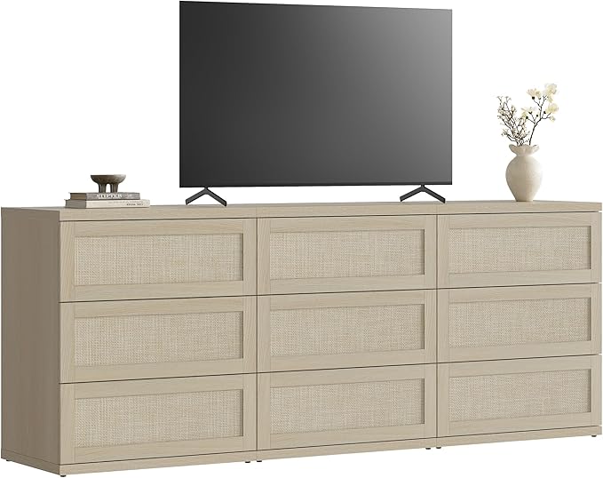 SICOTAS Dresser for Bedroom - 9 Drawer Dresser for Nursery 75" Wide Rattan Dressers & Chests of Drawers Boho Drawers for Bedroom Living Room Clothes Long Closet Storage for Closet Hallway Entryway