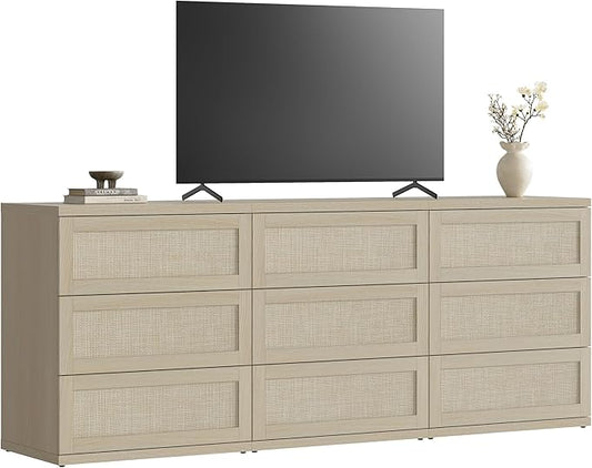 SICOTAS Dresser for Bedroom - 9 Drawer Dresser for Nursery 75" Wide Rattan Dressers & Chests of Drawers Boho Drawers for Bedroom Living Room Clothes Long Closet Storage for Closet Hallway Entryway