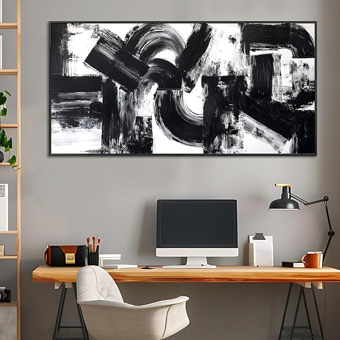 Framed Large Abstract Canvas Wall Art for Living Room, Neutral Black White Modern Art Prints, Minimalist Black Geometric Curves & Blocks Pictures Painting Artwork for Bedroom Office Wall Decor 23"x46"