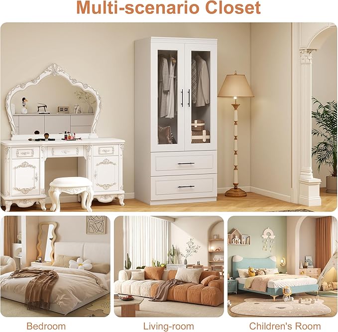 Armoire Wardrobe Closet with 2 Glass Door, White Wood Wardrobe Closet Wooden Bedroom Armoire with 2 Drawer Hanging Rods for Home/Bedroom/Living Room Style-51