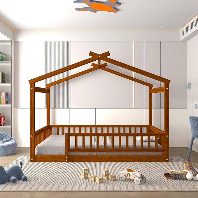 Merax Full Size Wooden House Bed with Fence, Wood Bed Frame with Roof and Safety Guardrail for Kids, Teens, Boys or Girls, Walnut