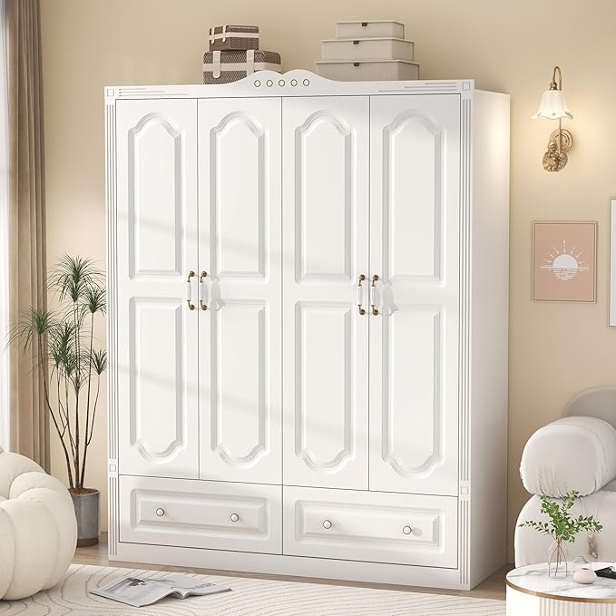 Wardrobe Closet for Hanging Clothes: Armoire Wardrobe Closet with Drawers, Bedroom Armoires with Doors and Shelves, Modern Clothing Cabinet with Hanging Rod (White, 59")