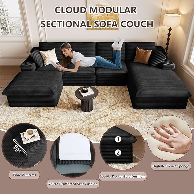 136" Cloud Modular Sectional Sofa with 1 Ottoman, Deep Seat Boneless Couch, Modern Upholstered Corduroy Couches, Comfort U Shaped Sofa for Living Room, No Assembly Required(Black,Right Facing Chaise)