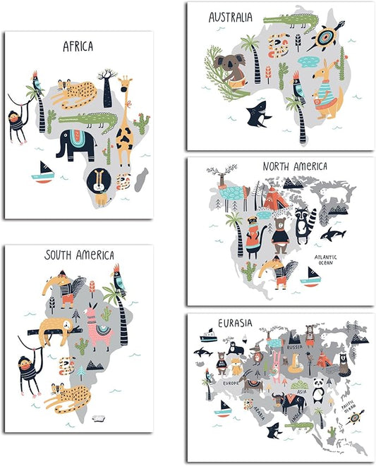 Ritzy Rose 5 Continents World Map Animal Zoo Prints for Kids Whimsical Wall Art - Five Children's Posters Baby's Nursery Child's Bedroom (Unframed) Decor Printed Boys Girls (World Map)
