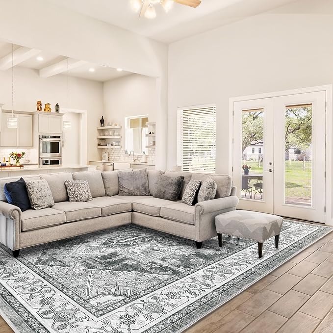 WITSHOCK Living Room Area Rugs 9x12: Washable Rug Boho Soft Low Pile Non Slip Stain Resistant Foldable Carpet for Bedroom Playroom Dining Room Office Distressed Vintage Farmhouse Home Decor Rug-Gray