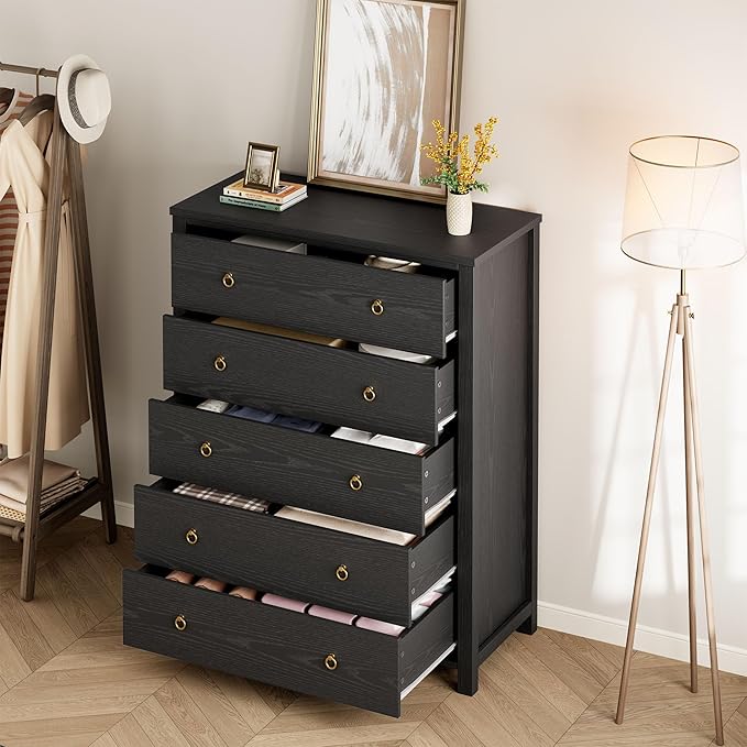 IDEALHOUSE Dresser for Bedroom with 5 Drawers, 45'' Tall Chest of Large Drawers with Large Clothes Storage Cabinet, Wood Bedroom Dresser, TV Stand for Nursery, Living Room, Enterway, Black