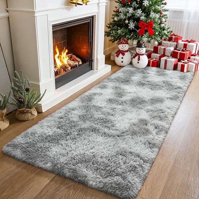 Merelax Soft Area Rugs for Livingroom Bedroom, Shaggy Plush Fuzzy Fluffy Carpet Furry Fur Rug, Modern Indoor Comfy Nursery Kids Dorm Home Decor Floor Mat, 2 x 6 ft, Tie-Dyed Light Grey