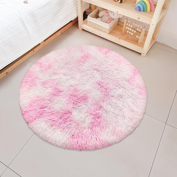 2x2 ft Small Fluffy Round Rug for Girls Bedroom,Soft Shaggy Kids Pink Rugs Kawaii Colorful Carpet Fuzzy for Room Kids Bedroom Girls Dresser Playroom Nursery Storage Cabinet Décor