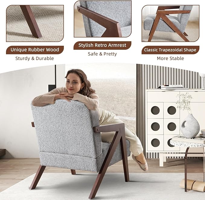 INZOY Accent Chairs Set of 2, Mid Century Modern Accent Chair with Wood Frame, Upholstered Reading Armchair with Soft Linen Fabric, Accent Chair for Living Room Bedroom Apartment, Easy Assembly, Blue
