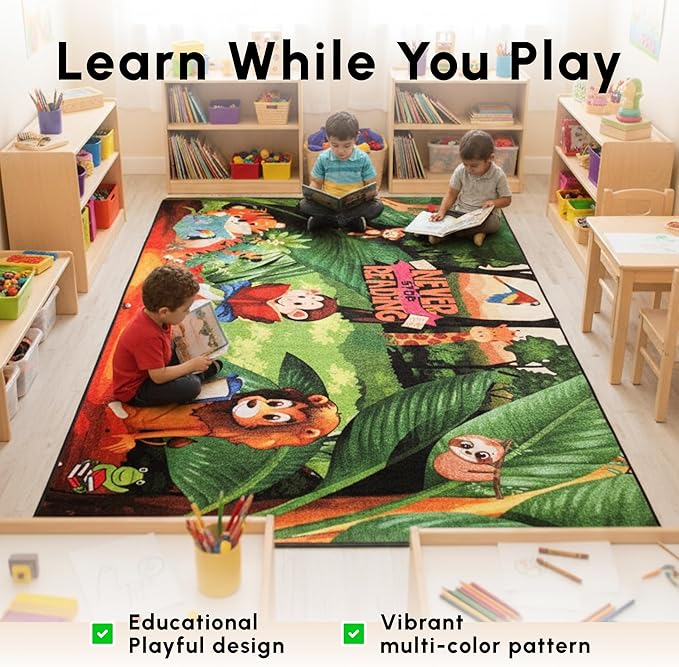 SAFECASTLE Kids Carpet Never Stop Reading Rug – 6'6" x 8'4" Educational Multicolored Nylon Area Rug with Books & Learning Design – Carpet for Kids, Toddlers, Classroom, Nursery, Playroom & Daycare