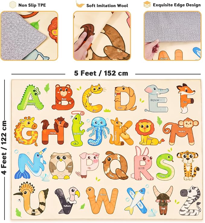 Kids Rugs for Playroom, 4x5 Feet Educational Rug for Learn The ABC Alphabet, Soft Machine Washable Non-Slip Cute Animal Carpet for Classroom Toddler Nursery Kids Room Decor Mat, Beige