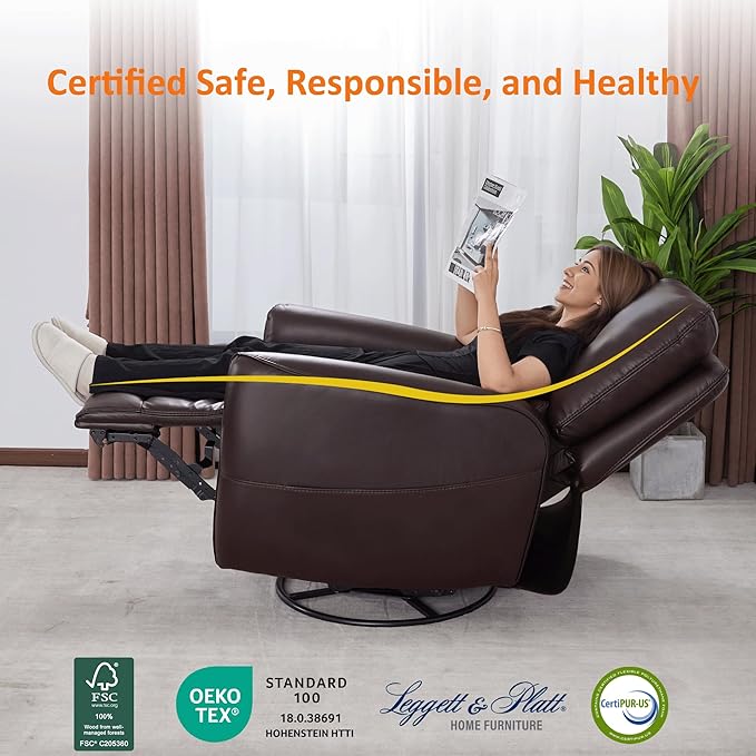 MCombo Swivel Glider Rocker Power Recliner Chair with Lumbar Support, Faux Leather Electric Nursery Glider Recliner Chair for Living Room, 6922 (Dark Brown)