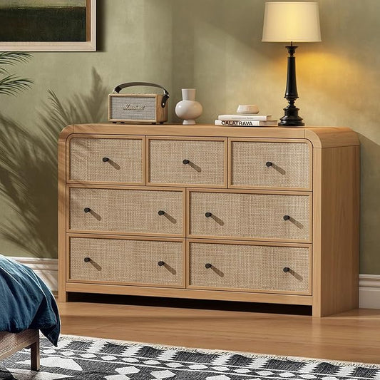 Oak&Sparrow 7 Drawer Dresser for Bedroom, 49'' Rattan Dresser with Ample Storage, Boho Chest of Drawers, Thickened Curved Profile Design, Oak Dressers for Bedroom, Living Room
