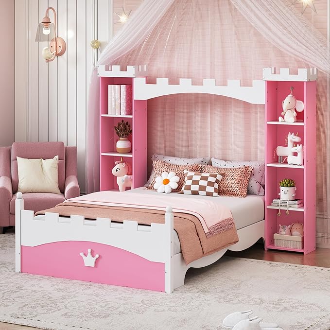 Castle-Shaped Wooden Platform Bed with Storage Shelf, Dreamy Twin Size Kids Platform Bed for Girls Boys Bedroom, Sturdy Slats Support (Pink+White Castle)