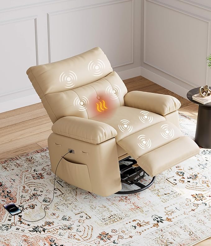 GarveeHome Oversized Power Rocker Swivel Recliner Chair - Heat and Massage, PU Leather Electric Glider Rocking Chair with USB Port, Glider Recliner Nursery Chair for Living Room, Bedroom, Nursery