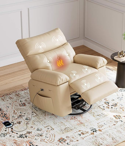 GarveeHome Oversized Power Rocker Swivel Recliner Chair - Heat and Massage, PU Leather Electric Glider Rocking Chair with USB Port, Glider Recliner Nursery Chair for Living Room, Bedroom, Nursery