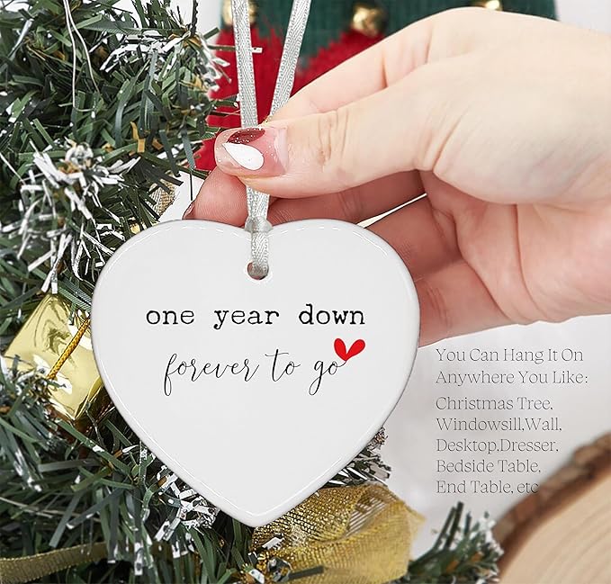 Heart Shaped Christmas Ornament-One Year Down Forever to Go-First for Couple Her Him Husband Wife Boyfriend Girlfriend-Romantic Keepsake Ceramic Decor-Love Memory Ornament with Gift Box