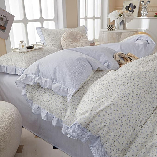 Floral Duvet Cover Queen Size Cute Blue Flower Bedding Cozy Duvet Cover Romantic Ruffle Comforter Cover Cotton Striped Girls Lace Princess Bedding Aesthetic Floral Comforter Cover with 2 Pillowcases