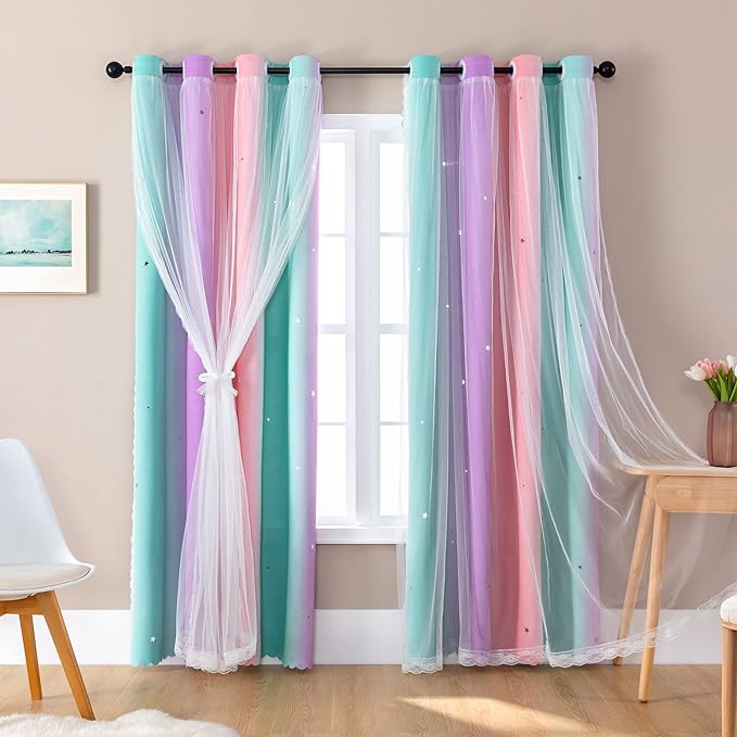 XiDi Curtains for Girls Bedroom, Full Blackout for Kids Room, Colorful Rainbow Design, Unicorn Wall Decor Pink Ombre Curtains Princess Room 72 Inches Long 34 Wide 2 Panel Sets Pink Purple Green