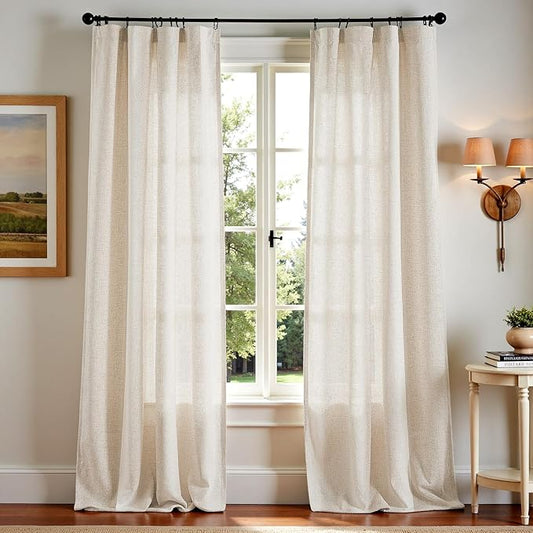 jinchan Beige Linen Blend Curtains 84 Inches Length 2 Panels for Bedroom Living Room, Light Filtering 50 Inches Wide Natural Farmhouse Drapes with Rod Pocket Back Tab (50W x 84L, Ecru)