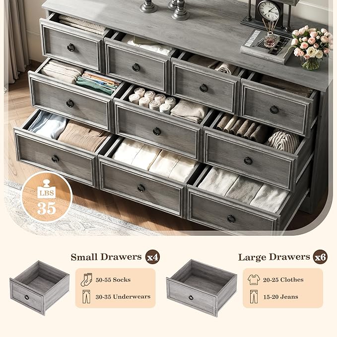 Grey 10 Drawer Dresser, 59" Large Dresser for Bedroom, Wood Chest of Drawers, TV Stand for 70 inch TV, Rustic Storage Dressers Organizer for Bedroom, Hallway