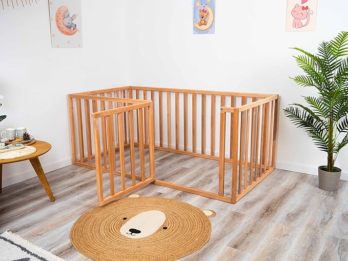 Montessori Bed for Toddlers with 31.4" Rails, Made in Europe Floor Bed for Kids from Alder Wood, 7 Colors Toddler Play Pen, Water Based Paint, 5 Sizes Wood Playpen for Toddler Playroom (Model 6.3)