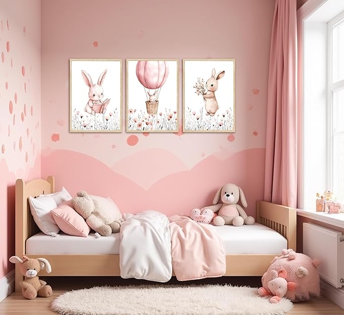 3Pcs Pink Nursery Bunny Wall art Hot Air Balloon Cute Rabbit Wildflowers Painting Pictures Wall Decor Easter Nursery Poster Print Artwork for Girls and Boys Kids Room Baby Room Decor Home Decoration