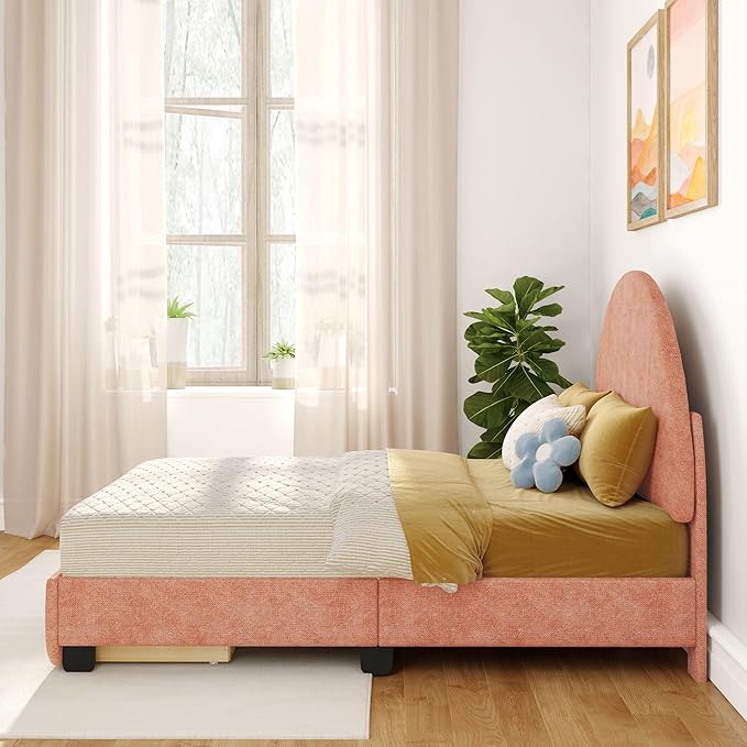 Max & Lily Upholstered Full Bed Frame with Arch Headboard with 1 Drawer End Storage, Upholstered Platform Bed for Kids, No Box Spring Needed, Easy Assembly, Dusty Rose
