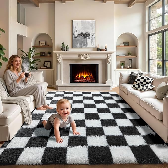 KICMOR 6x9 Area Rugs for Living Room Bedroom, Large Black and White Checkered Fuzzy Fluffy Shag Shaggy Carpet, Big Plush Soft Floor Rug for Kids Boys Girls Teen Dorm Nursery Home Decor Aesthetic