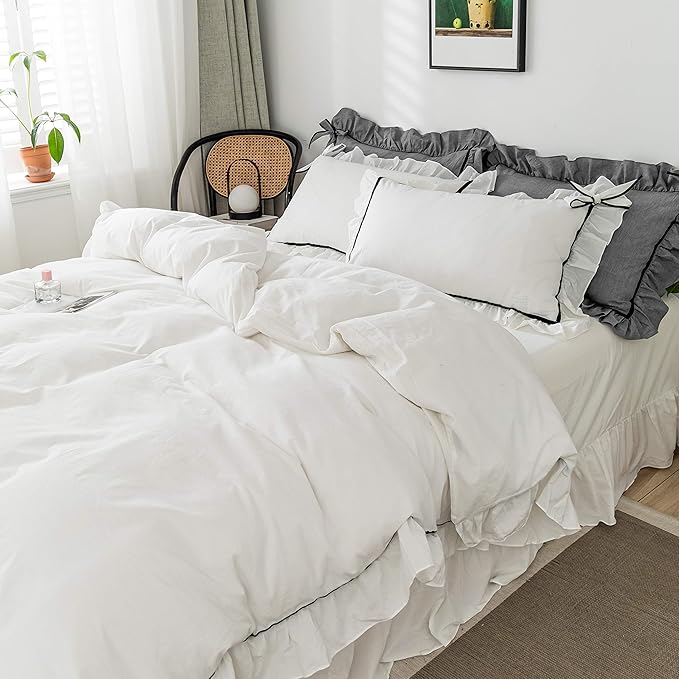 Ruffled Bedding Bow Duvet Cover Set with Butterfly Tie Soft Brushed Microfiber Shabby Chic Bedding Set with Zipper Closure