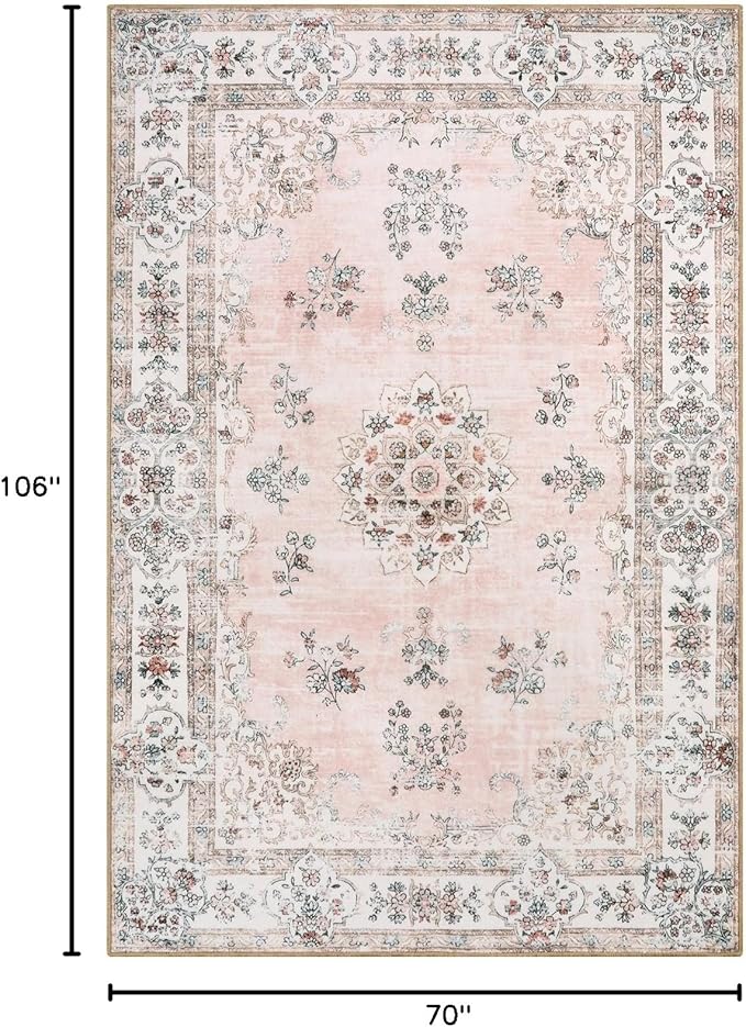 Lahome Washable 6x9 Area Rugs for Living Room, Vintage Floral Pink Large Rug for Nursery Girls Bedroom, Non Slip Lightweight Foldable Carpet for Apartment Dorm Home Office Decor