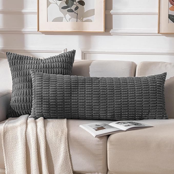 Fancy Homi 2 Packs Dark Grey Long Body Lumbar Decorative Throw Pillow Covers 14x36 Inch for Bed Couch Bedroom Bench, Soft Corduroy Rectangle Solid Pillow Case, Rustic Farmhouse Boho Room Decor