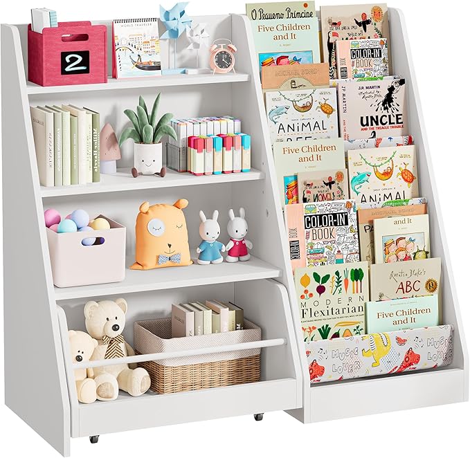 IRONCK Kids Bookshelf and Toy Storage, 42" Wide Large Toddler Bookshelf with Movable Drawer and 5 Sling Pockets, Montessori Book Shelf for Kids Rooms-White