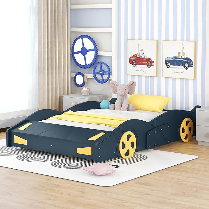 Full Size Race Car-Shaped Platform Bed with Wheels and Storage,Wood Car Bed Frame W/Guardrails,No Box Spring Required,for Boys Toddlers Kids Child's Bedroom,Dark Blue+Yellow