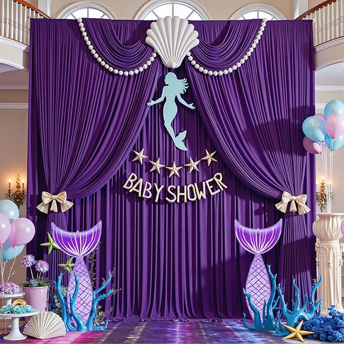 10×14 ft Purple Wrinkle Free Backdrop Curtain, Soft Silky Polyester Wedding Drapes 2 Panels 14ft Height Photo Backdrop Curtains for Parties Birthday Baby Shower Photography Background Cloth
