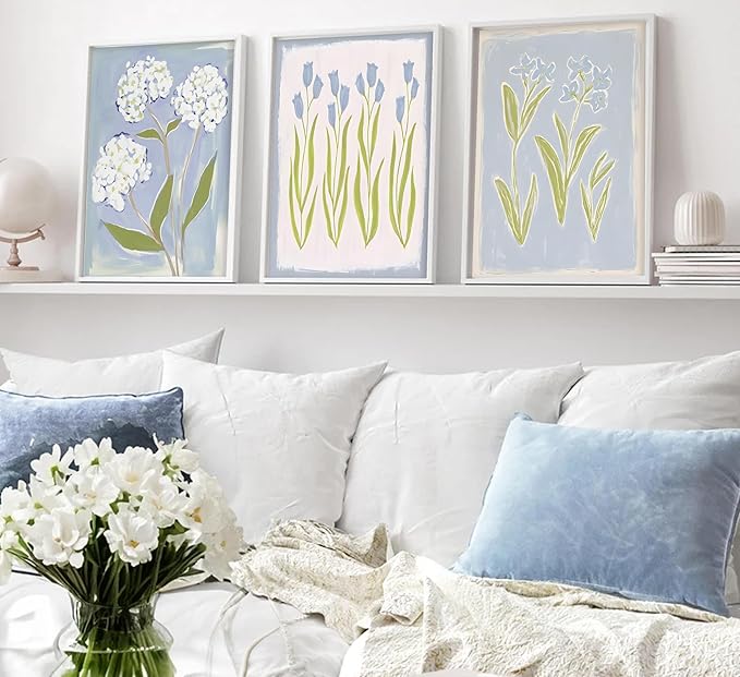 3Pcs Blue Green Tulip Hydrangea Flower Wall Art Flowers Plant Aesthetics Painting Picture Decor Elegant Preppy Poster Print Artwork for Living Room Gallery Bedroom Dorm Home Decoration