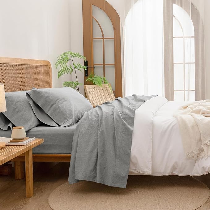 BESTOUCH Sheet Set 100% Washed Cotton Linen Feel Super Soft Comfortable Chic Lightweight 4 Pcs Home Bedding Set Solid Light Grey Cal King