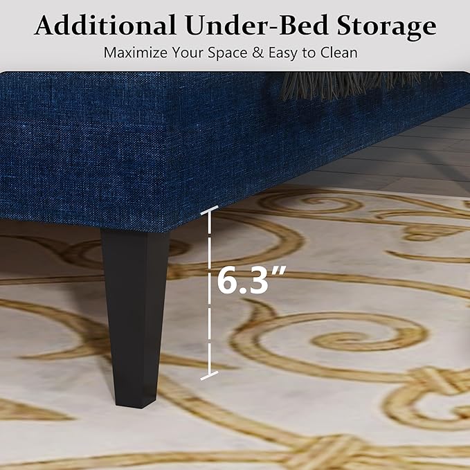 BarnFurin Queen Size Bed Frame with Headboard, Linen Upholstered Platform Bed with Button Tufted Design, No Box Spring Required, Easy Assembly, Navy Blue