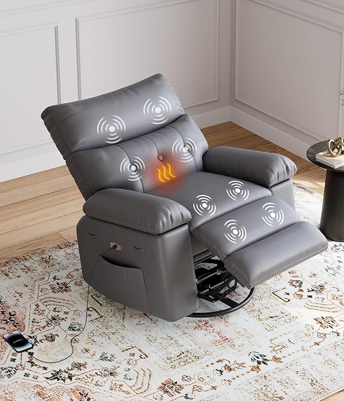 GarveeHome Oversized Power Rocker Swivel Recliner Chair - Heat and Massage, Extra Wide Electric Recliner Ergonomic PU Leather Single Sofa, Tall Back, Padded Seat, Lazy Chair for Living Room